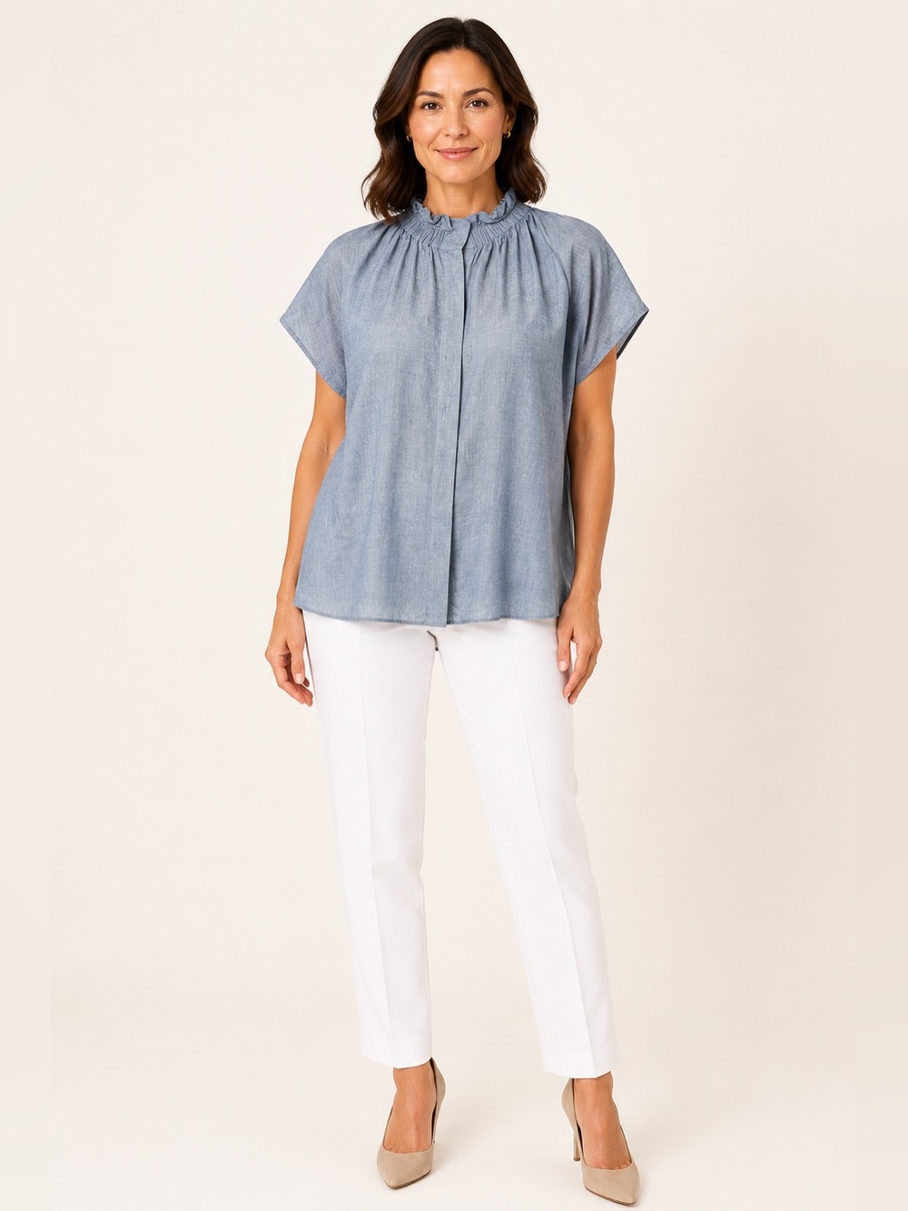 ANN MASHBURN Chambray Top Women’s Medium Blue Indigo Cotolino Atelier Shirt B3